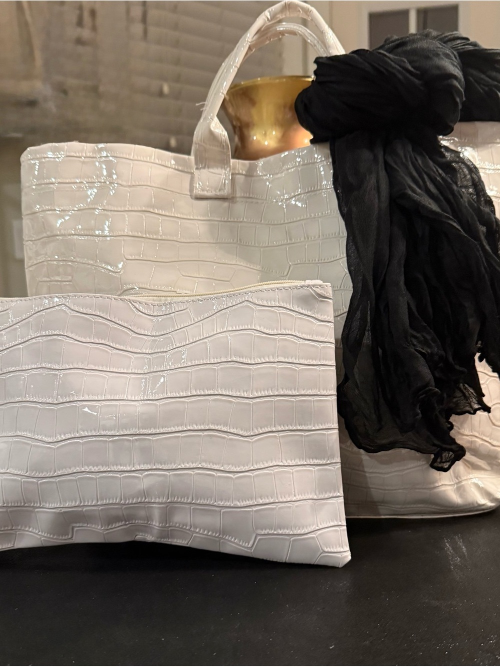 Winter White Crocodile Handbag with Matching Wristlet & Black Wraparound Scarf!